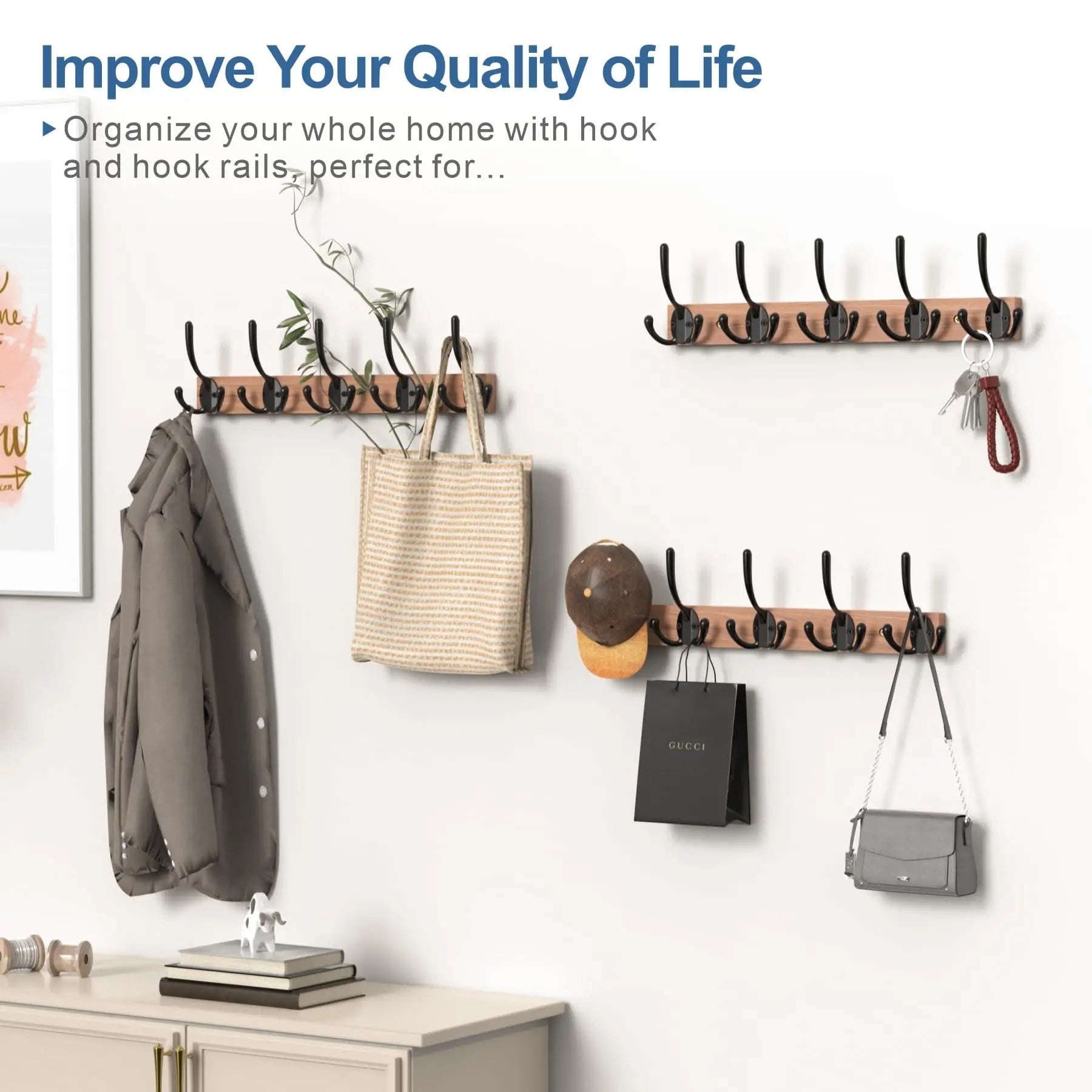 Wooden Wall-Mounted Coat Rack with 5 Hooks – Entryway Wall Hooks for Towels, Clothes, Hats & Keys