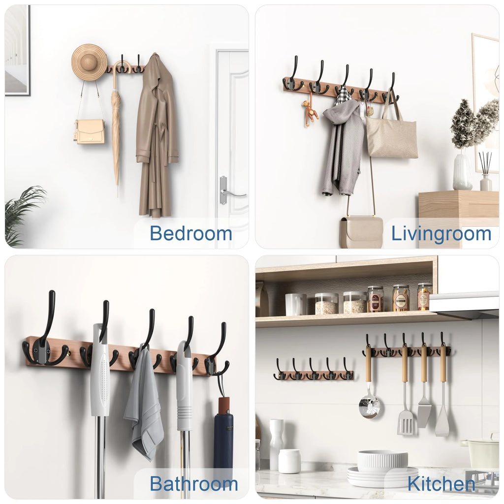 Wooden Wall-Mounted Coat Rack with 5 Hooks – Entryway Wall Hooks for Towels, Clothes, Hats & Keys