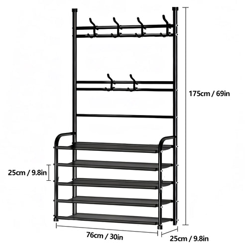 Floor Clothes & Hat Rack with Shoe Storage – Integrated Coat Rack Stand for Bedroom & Living Room