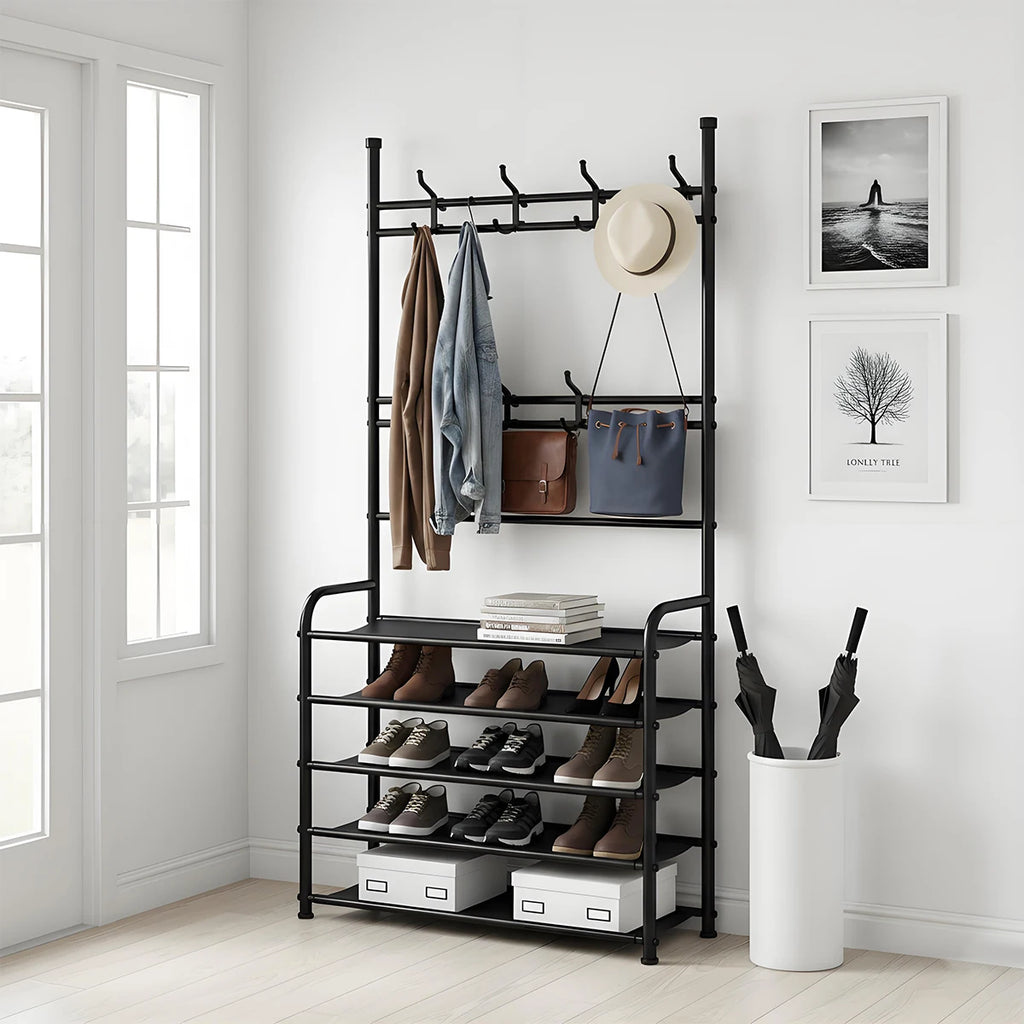 Floor Clothes & Hat Rack with Shoe Storage – Integrated Coat Rack Stand for Bedroom & Living Room