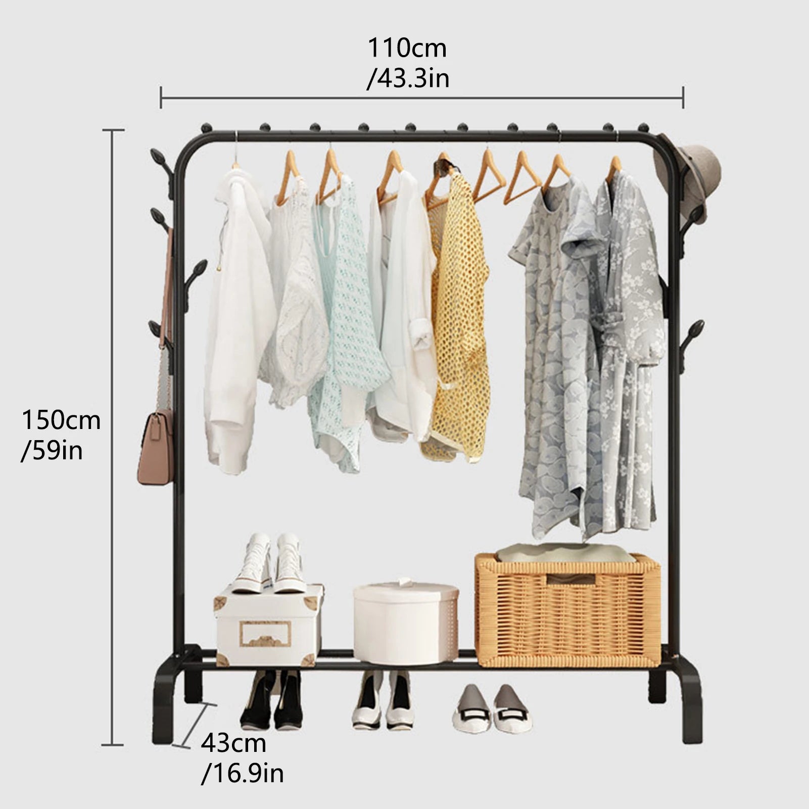 Bedroom Clothes Rack with Nightstand Storage – Coat Rack Stand Organizer & Shelf for Household Use